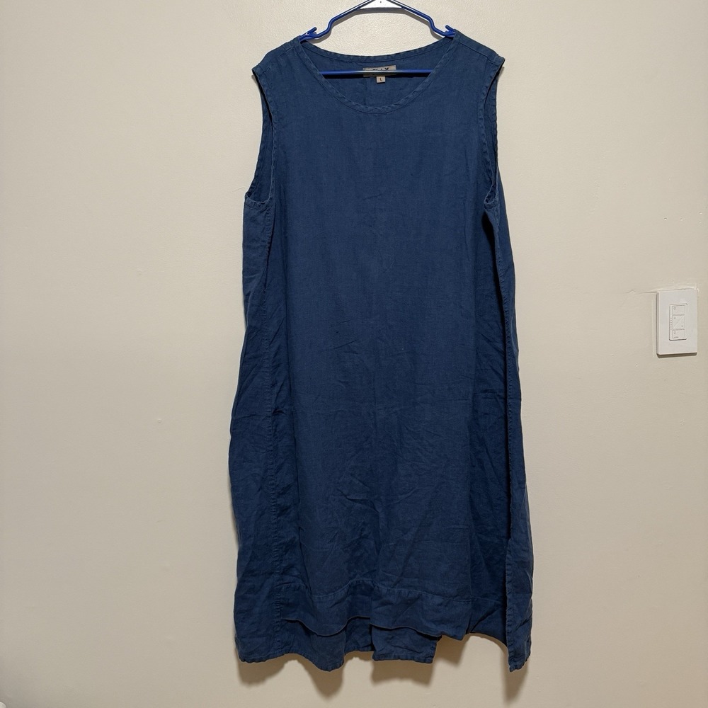 Flax Blue Linen Lagenlook Sleeveless Casual Midi Dress Size Large